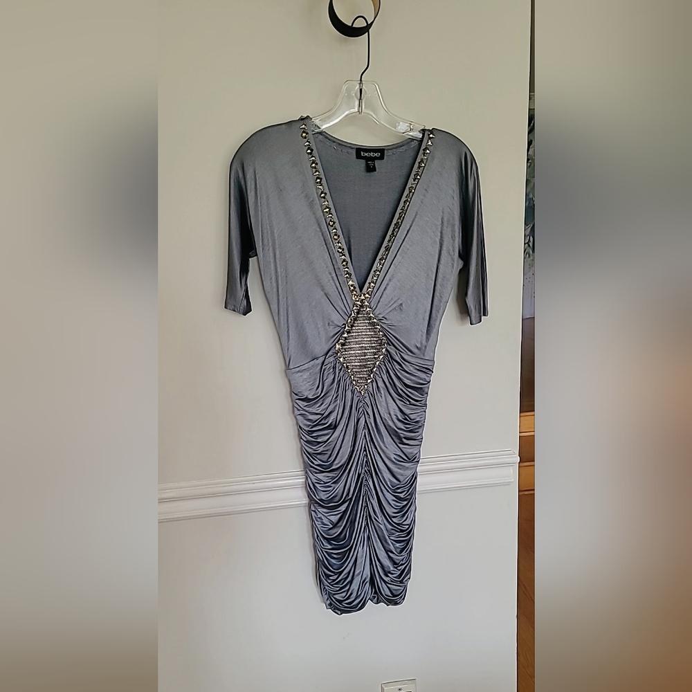 Bebe Metallic Silver Jeweled Low Cut Sexy Mini Dress